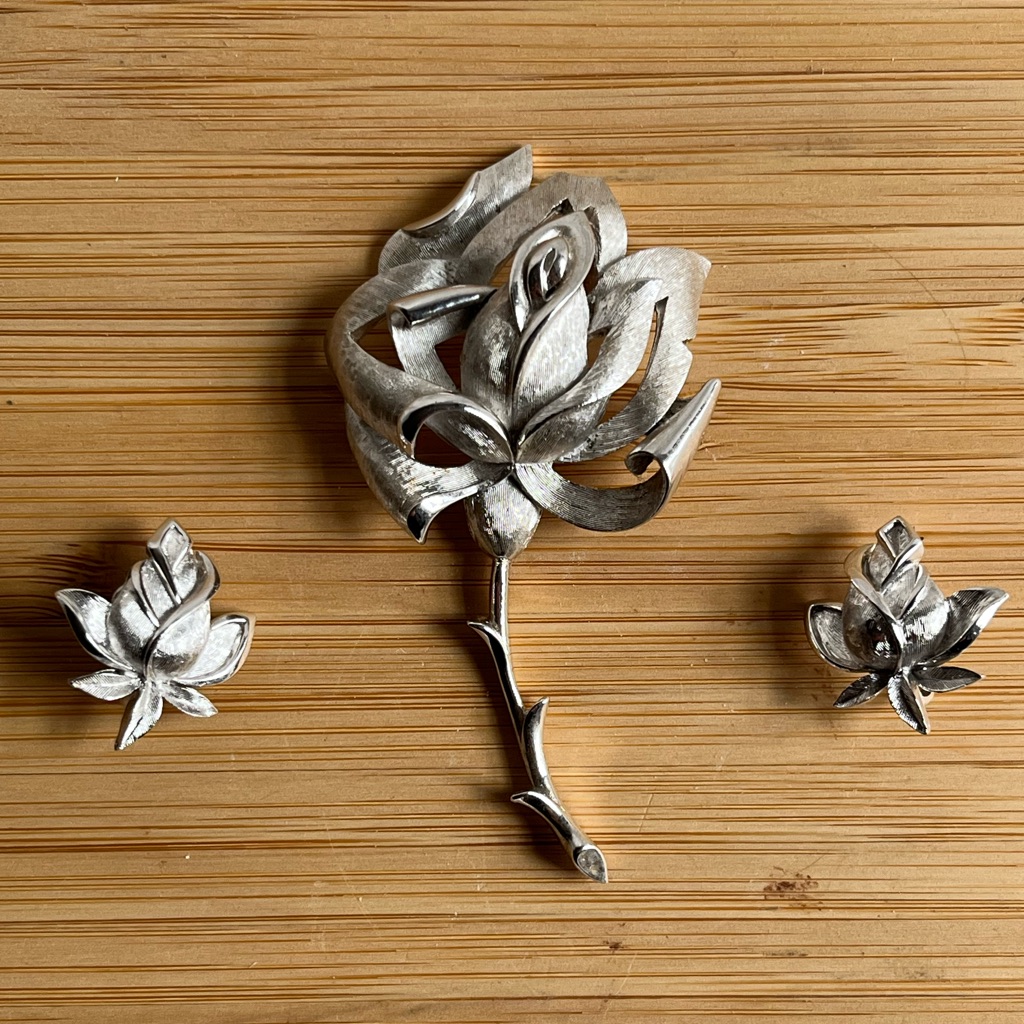 Vhtf Vtg 1960s Trifari Silver Tone Blooming Rose Brooch Pin Clip On Earrings 175$